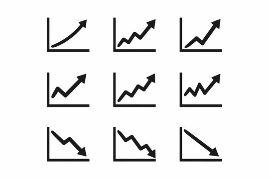 Set of graph icons showing various increasing and decreasing trends in black and white