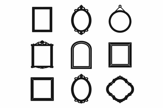 Collection of various black picture frames with ornate designs and shapes