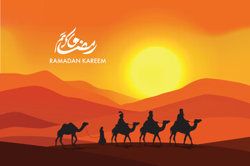 Ramadan Kareem Arabic Desert Scene With Camels And Sunset