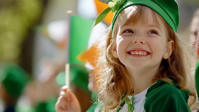 Joyful child in st. patrick's day parade holding irish flag