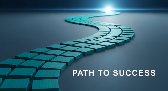 Blue stepping stones form winding path to success light symbolizing career journey and strategic business direction