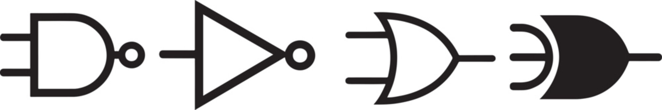 Digital logic gate symbols set in black, isolated on white background, clean vector illustration