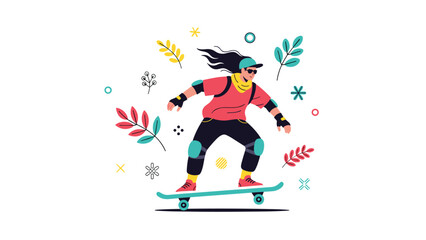 Fototapeta premium Energetic person on a skateboard performs a trick surrounded by vibrant decorative leaves and abstract symbols in a flat design style.