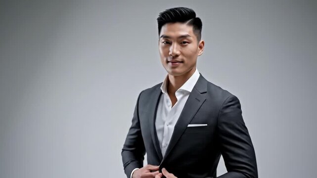 A confident young man in a suit, exuding professionalism and sophistication against a neutral backdrop.