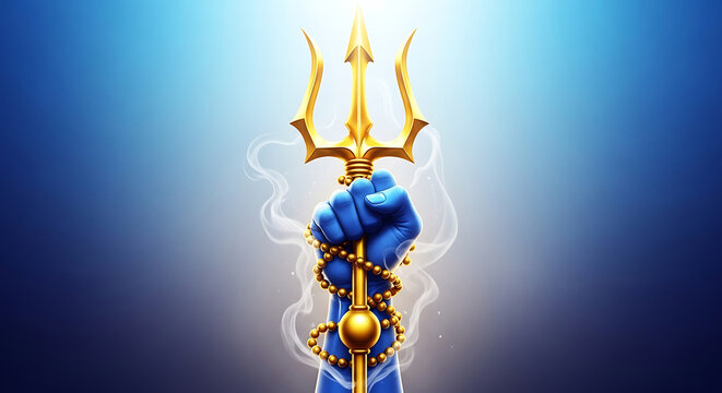 Blue hand holding golden trident with prayer beads