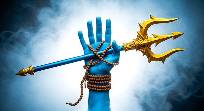 Blue Hand Holding Golden Trident Wrapped in Prayer Beads