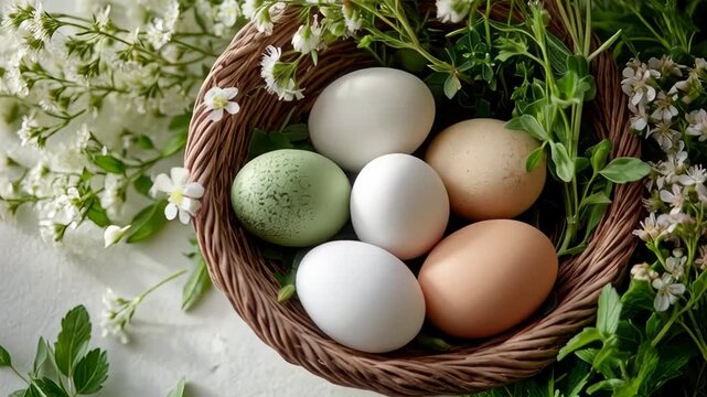 Colorful farm fresh eggs in rustic basket surrounded by spring blossoms
