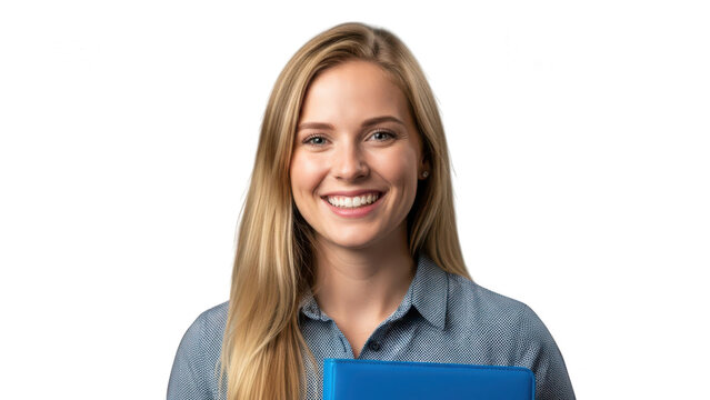 A smiling woman holding a blue sign isolated on transparent background