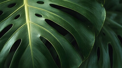 Obraz premium Close-up of a Lush Green Monstera Deliciosa Leaf with Natural Light.