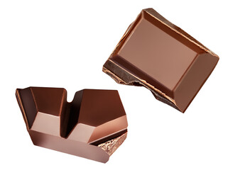 Broken chocolate bar pieces isolated on white. Milk Chocolate chunks flying in air. Top view. Flat lay