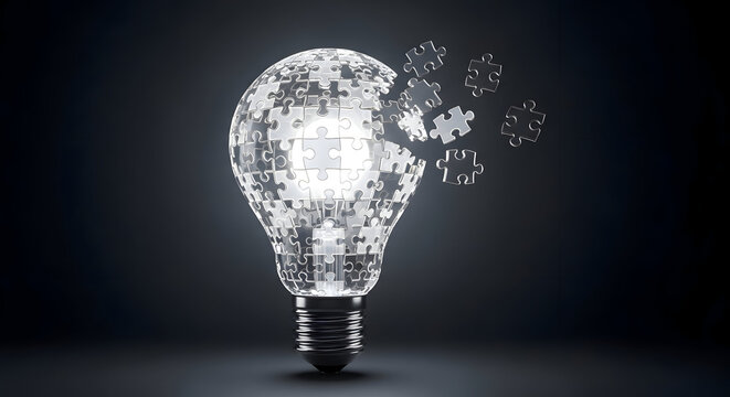 Light bulb made of puzzle pieces breaking apart symbolizing complex problem solving and creativity