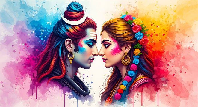 Lord Shiva and Parvati with colorful Holi powder hindu 1