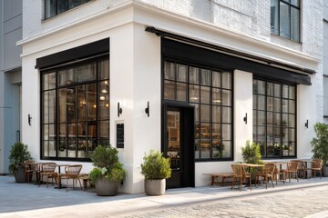 Fototapeta premium White cafe exterior with large glass windows and outdoor seating on a quiet urban street