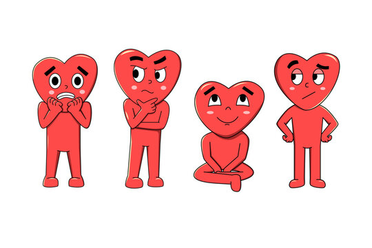 Set of 4 Red Love Characters with Different Facial Expressions Cute Valentine Illustration