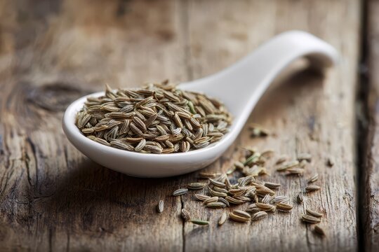 White spoon with cumin seeds resting on a weathered wooden surface