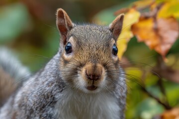 Obraz premium Wildlife portrait: grey squirrel face with attentive eyes in natural forest ambiance