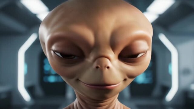 Friendly alien portrait close-up with big eyes in a spaceship