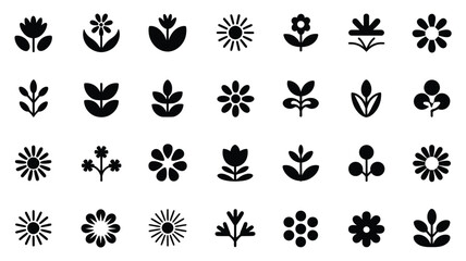 Minimalist black silhouette flower and leaf logo designs on white background for branding