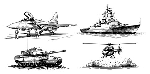 Set of military combat vehicles including jet fighter tank warship and helicopter in vintage style © AnjaliDesai