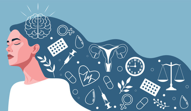 International Women's Health Day. Women's mental health. Woman with long hair, medical elements uterus, brain, pills, scales, heart. Mindfulness, care. Vector illustration for women's health awareness