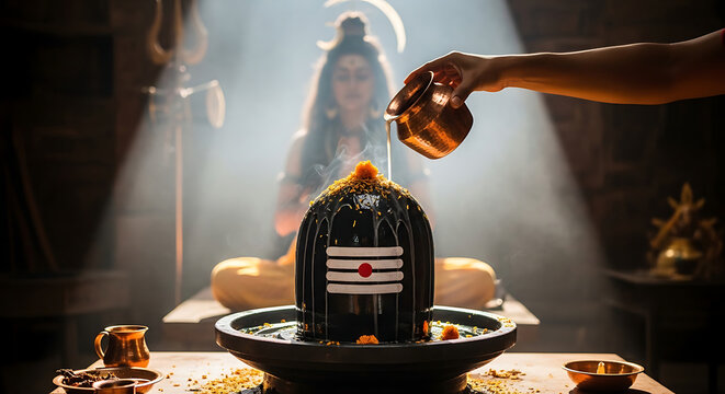 Lord Shiva Lingam Abhishek with Copper Pot and Smoke