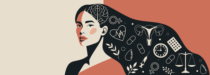 International Women's Health Day. Women's mental health. Woman with long hair, medical symbols uterus, heart, brain, scales, pills. Mindfulness, care. Vector illustration to awareness women's health