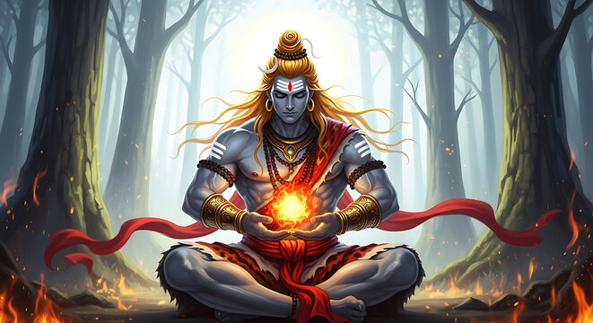 Lord Shiva meditating with fire in forest setting hindu