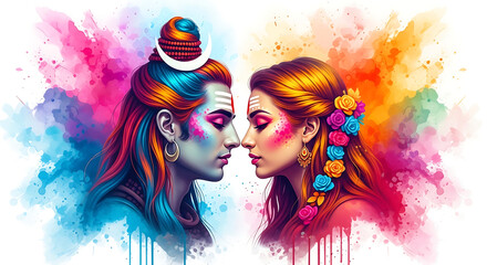Obraz premium Lord Shiva Parvati colorful watercolor splash festival