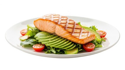 Grilled salmon fillet on a bed of mixed greens with avocado and cherry tomatoes on a white plate isolated on transparent background