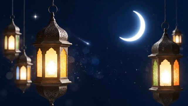 Hanging Lanterns Under Crescent Moon Night.