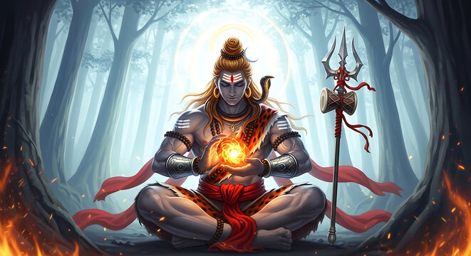 Lord Shiva meditating with glowing orb in mystical forest