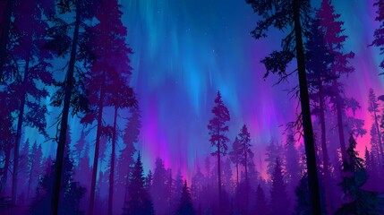 Enchanting Aurora Borealis Shimmers Over Dark Pine Forest.