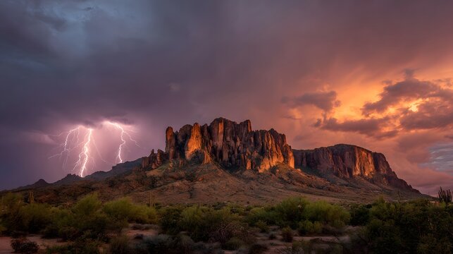 Dramatic Superstition Mountains Lightning Storm at Sunset.