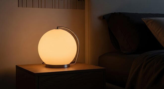 Modern minimalist bedside table lamp with warm ambient lighting illuminating cozy bedroom interior, soft glow on neutral-toned wall, contemporary bedroom decor concept