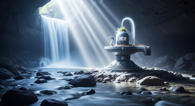 Shiva Lingam with Waterfall and Sunbeams in Cave hindu