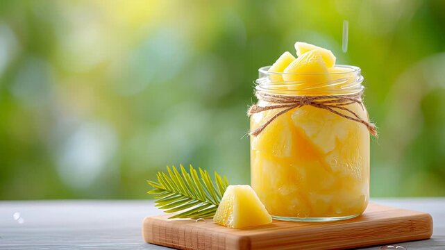 Fresh pineapple chunks in glass jar with tropical background and palm leaves