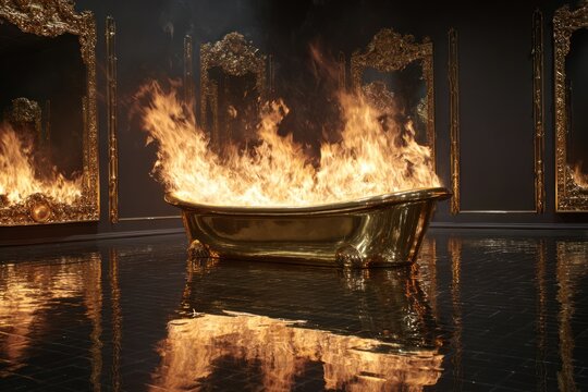 A solid gold bathtub in a large baroque bathroom overflowing with flames, polished metal reflecting fire endlessly, hyper surreal realism, minimalist black space, obscene luxury