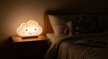 Smiling illuminated cloud nightlight on wooden bedside table beside cozy bed with teddy bear, warm ambient bedroom lighting for children's peaceful sleep environment