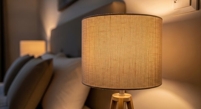 Modern cylindrical fabric table lamp with warm ambient lighting illuminating cozy bedroom corner, minimalist interior design with wooden base and neutral tones for serene home decor