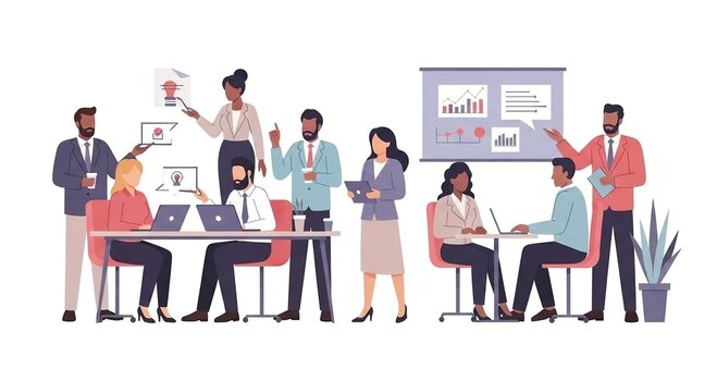 Dynamic business professionals collaborating in a diverse office environment, engaging in strategic meetings, presentations, and productive teamwork to foster innovation and drive corporate success