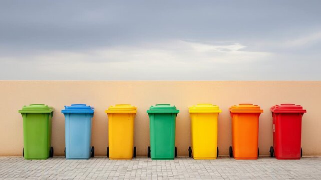 Colorful recycling bins lined up against a neutral wall in urban setting