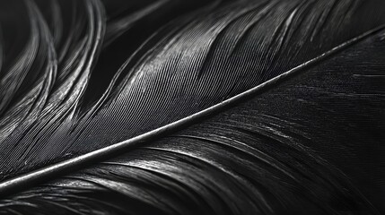 Close up macro shot of a single black feather with intricate details.