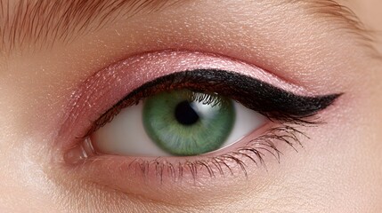Fototapeta premium Close-up of a Beautiful Green Eye with Pink Eyeshadow and Winged Eyeliner.