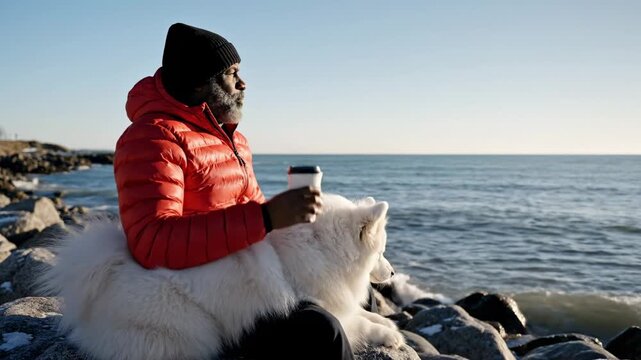 African american man with white dog on rock by ocean. Male and pet relaxing with coffee on winter seaside.