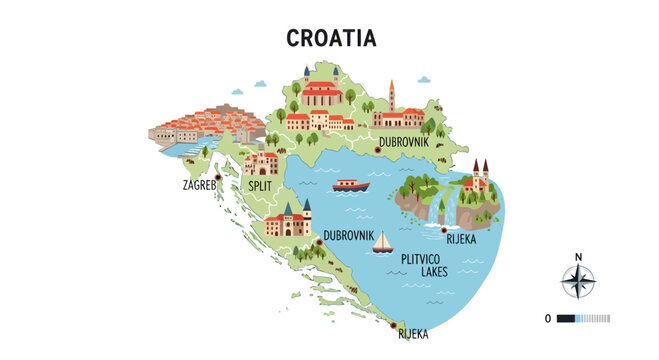 Illustrated tourist map of Croatia showcasing landmarks cities and attractions in vibrant detail