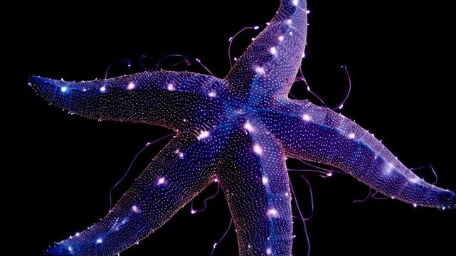 Vibrant blue starfish against black background high angle shot