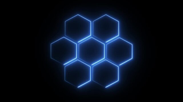 a glowing neon blue honeycomb sign icon. This icon is often used to represent honeycomb structures, bee cells, or as a stylized, futuristic abstract background. 