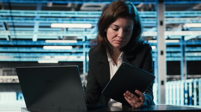 Data center software developer uses devices as control panel for digital twin simulation. Server hub female programmer using laptop and tablet to adjust blue wireframe mesh hardware settings, camera B