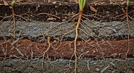 Fototapeta premium Plant roots penetrate distinct, layered soil strata, showing organic matter and mineral composition beneath green grass.