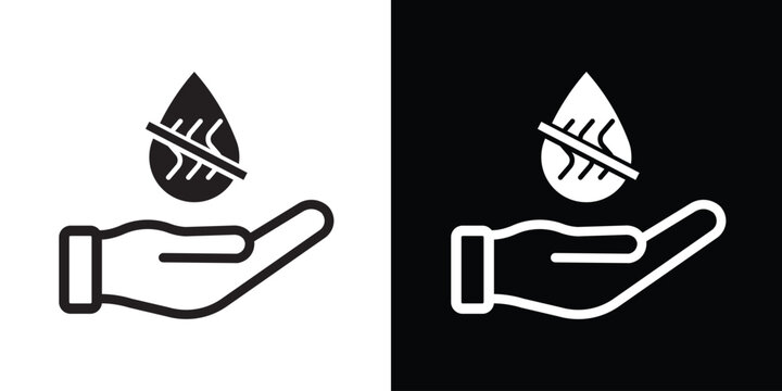 Environmental icon of a hand holding a crossed-out water drop with a leaf pattern. Signifies water conservation, drought prevention, and the protection of natural aquatic resources.